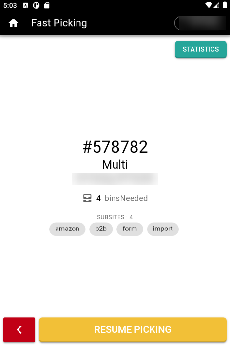 The Fast Picking start screen, showing the number of bins required and the Subsites the series covers
